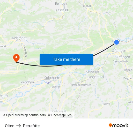 Olten to Perrefitte map