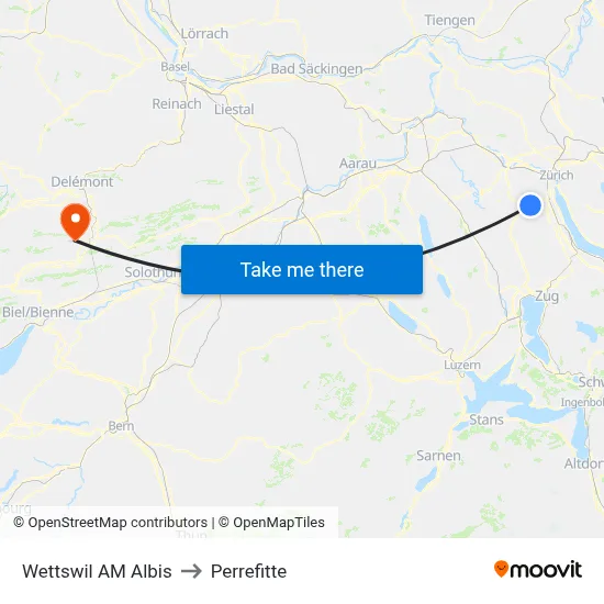 Wettswil AM Albis to Perrefitte map