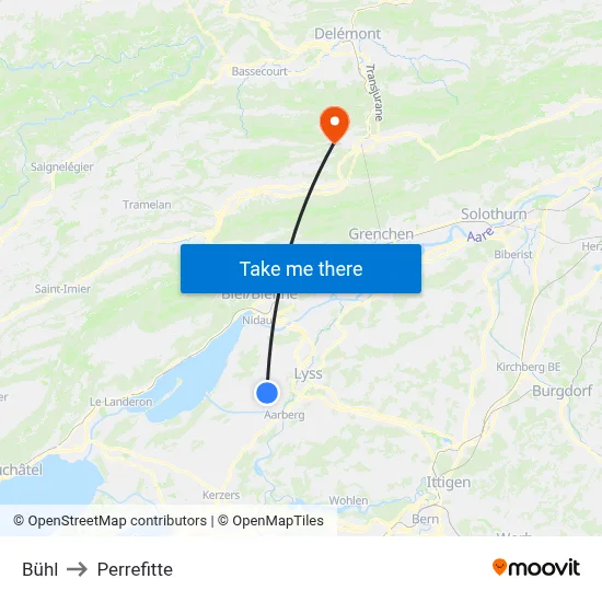 Bühl to Perrefitte map