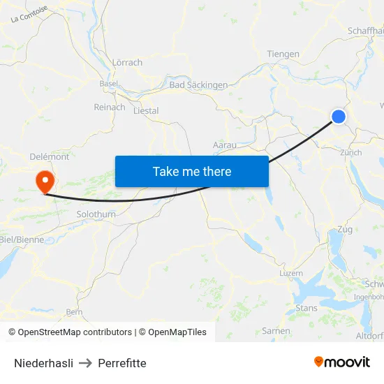 Niederhasli to Perrefitte map