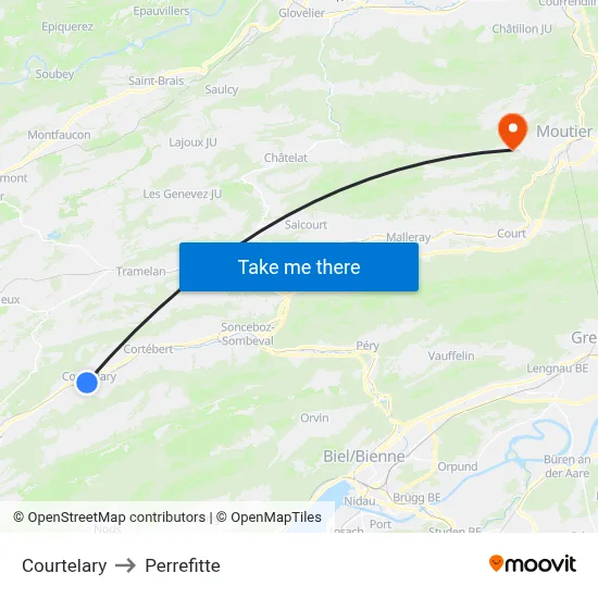 Courtelary to Perrefitte map