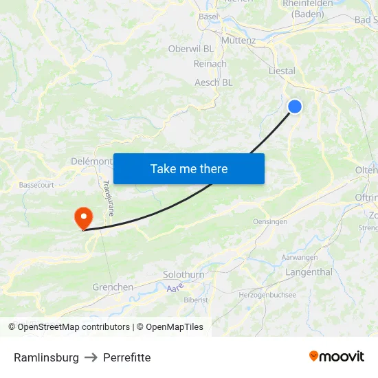 Ramlinsburg to Perrefitte map