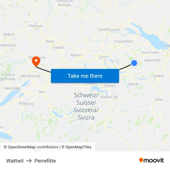 Wattwil to Perrefitte map