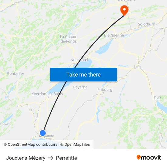 Jouxtens-Mézery to Perrefitte map
