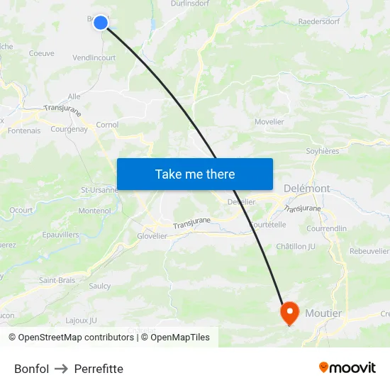 Bonfol to Perrefitte map