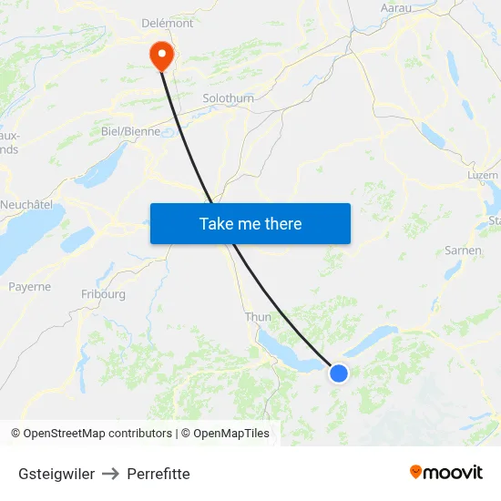 Gsteigwiler to Perrefitte map
