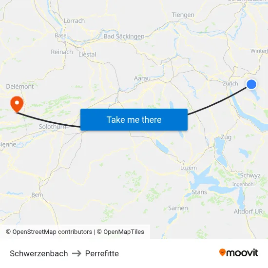 Schwerzenbach to Perrefitte map