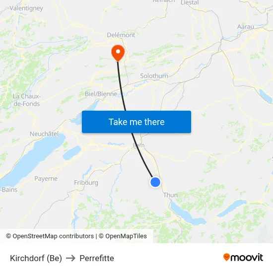 Kirchdorf (Be) to Perrefitte map
