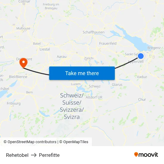 Rehetobel to Perrefitte map