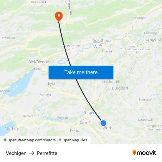 Vechigen to Perrefitte map