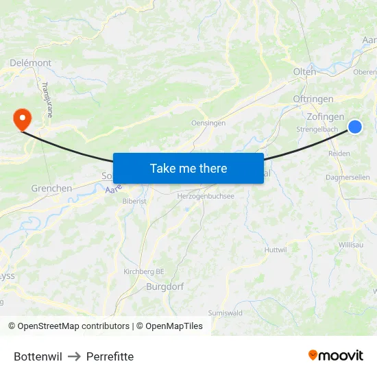 Bottenwil to Perrefitte map