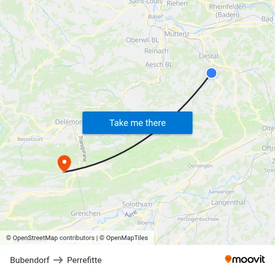 Bubendorf to Perrefitte map