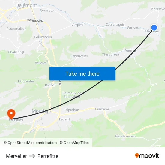 Mervelier to Perrefitte map