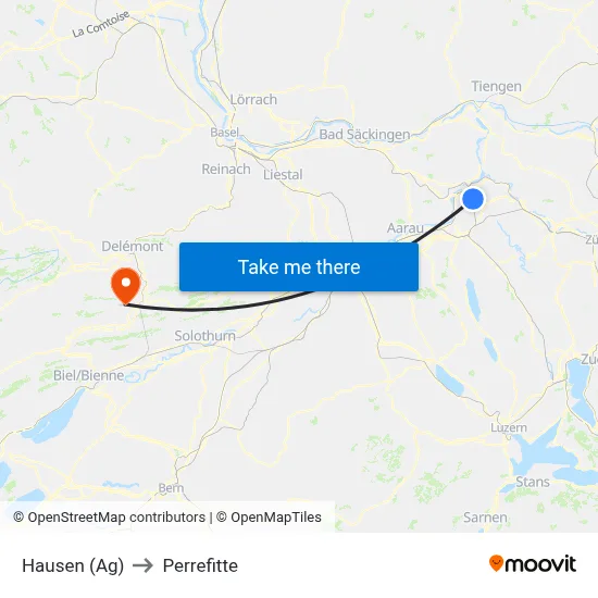 Hausen (Ag) to Perrefitte map