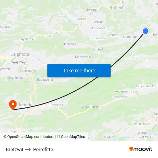 Bretzwil to Perrefitte map