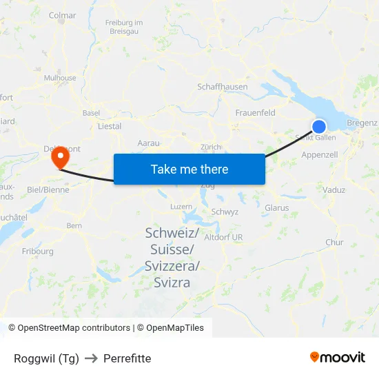 Roggwil (Tg) to Perrefitte map