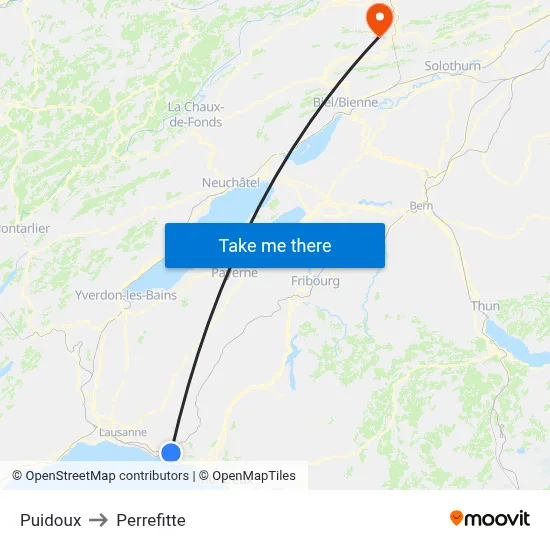 Puidoux to Perrefitte map