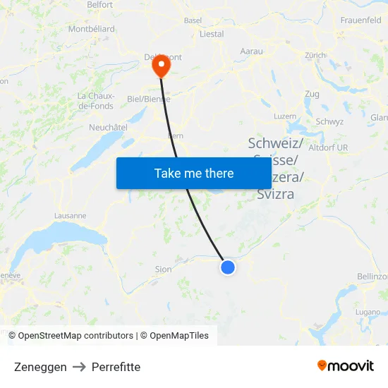 Zeneggen to Perrefitte map