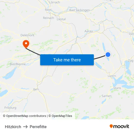 Hitzkirch to Perrefitte map