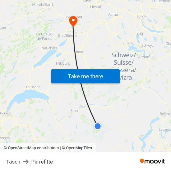 Täsch to Perrefitte map