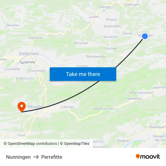 Nunningen to Perrefitte map