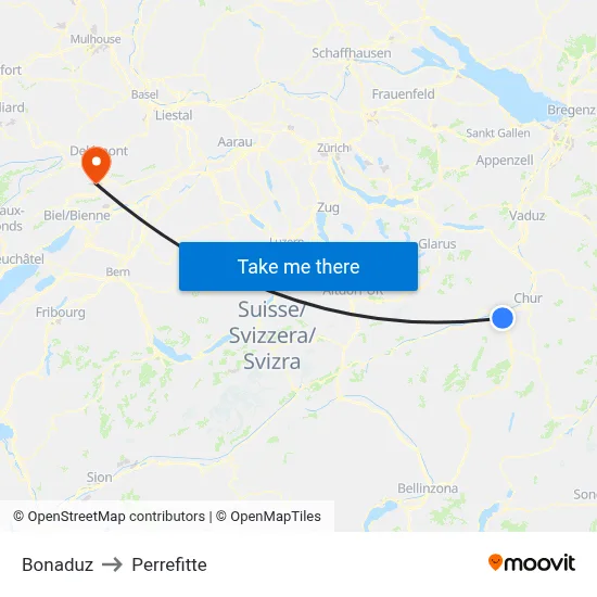 Bonaduz to Perrefitte map