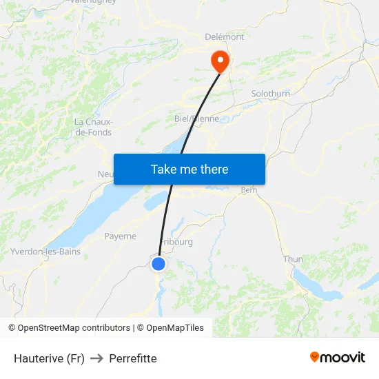Hauterive (Fr) to Perrefitte map