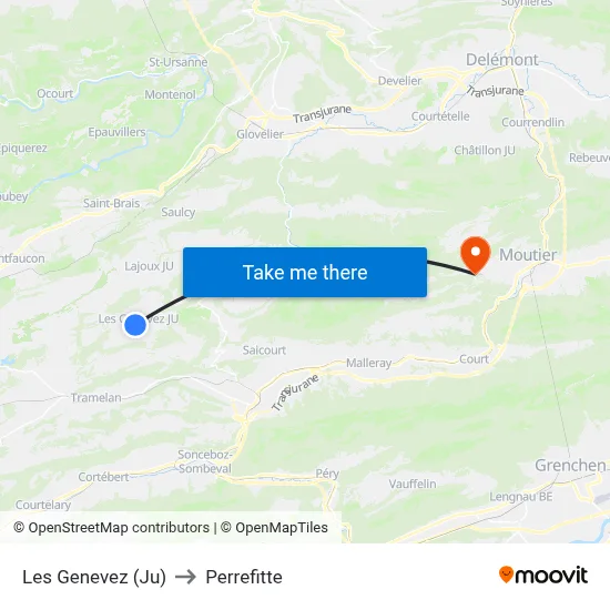 Les Genevez (Ju) to Perrefitte map