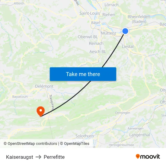 Kaiseraugst to Perrefitte map