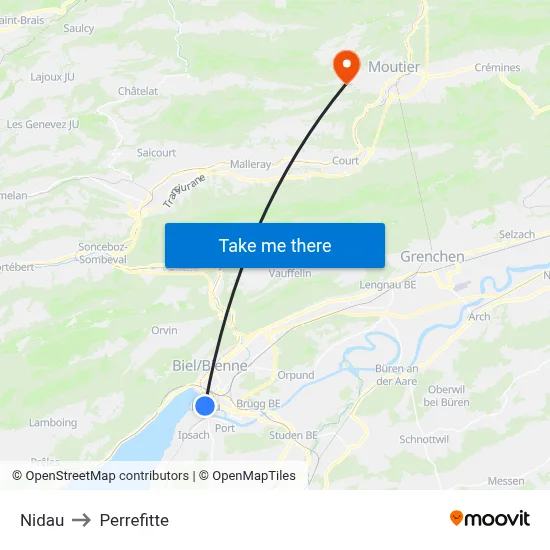 Nidau to Perrefitte map