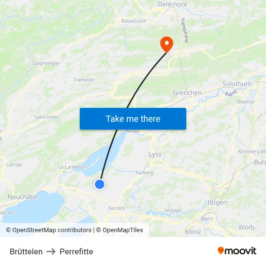 Brüttelen to Perrefitte map