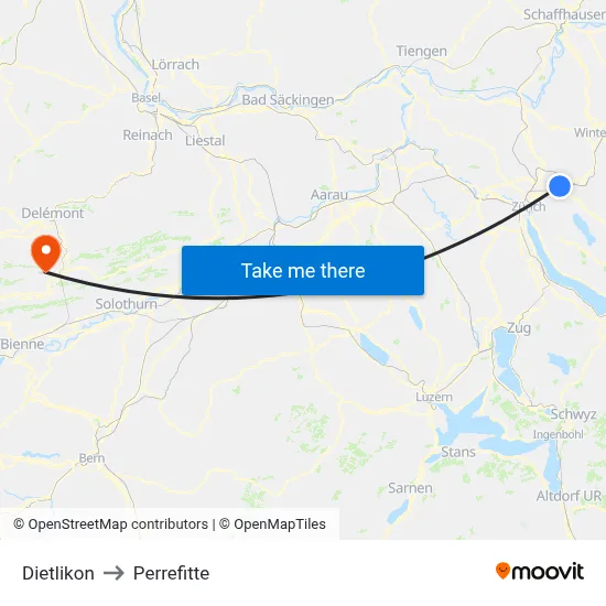 Dietlikon to Perrefitte map
