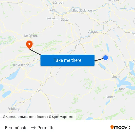 Beromünster to Perrefitte map