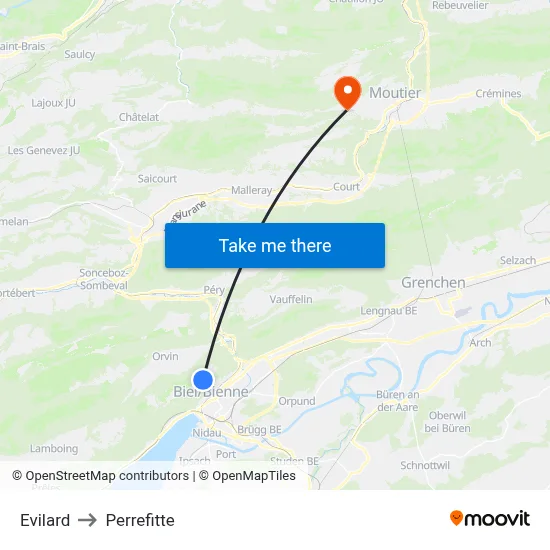 Evilard to Perrefitte map