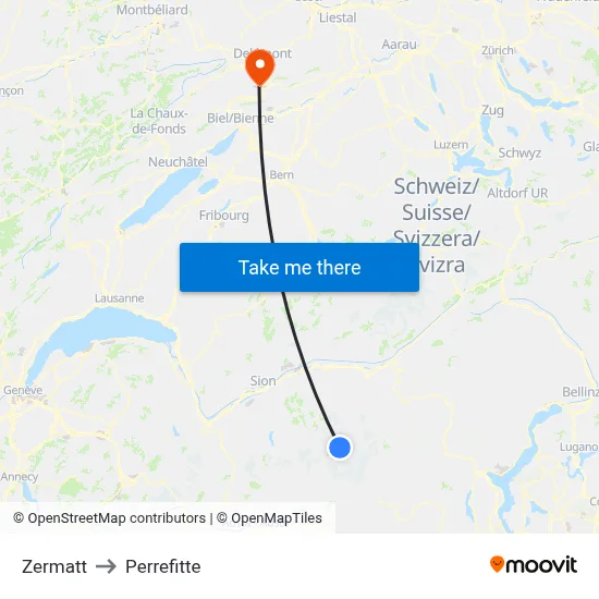 Zermatt to Perrefitte map