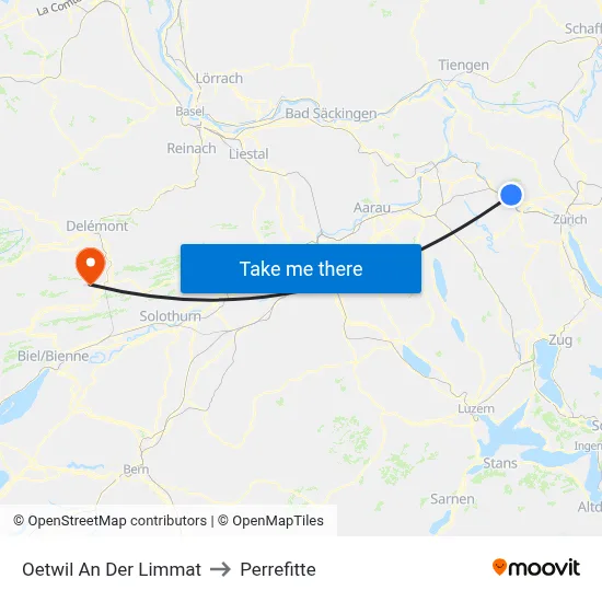 Oetwil An Der Limmat to Perrefitte map