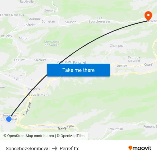 Sonceboz-Sombeval to Perrefitte map
