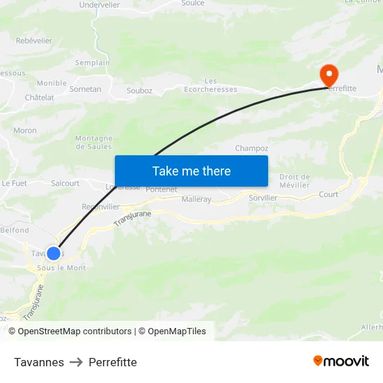 Tavannes to Perrefitte map