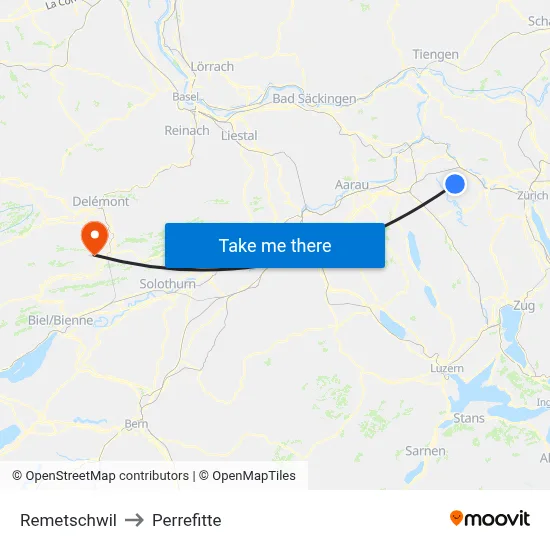 Remetschwil to Perrefitte map