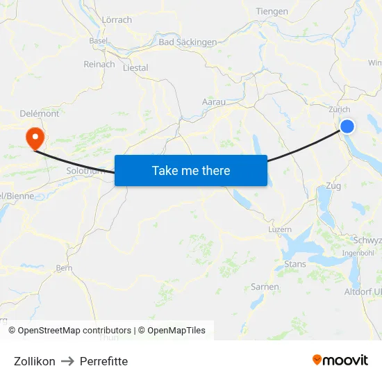 Zollikon to Perrefitte map