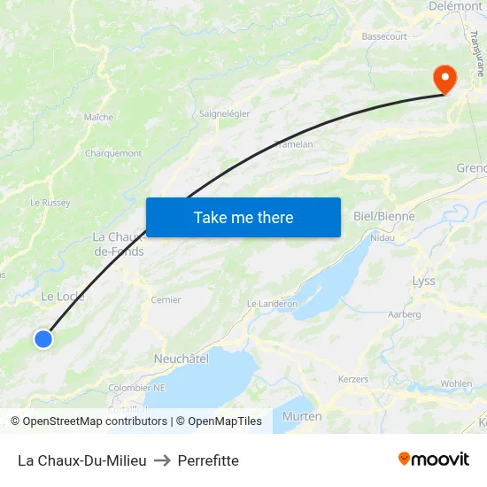 La Chaux-Du-Milieu to Perrefitte map
