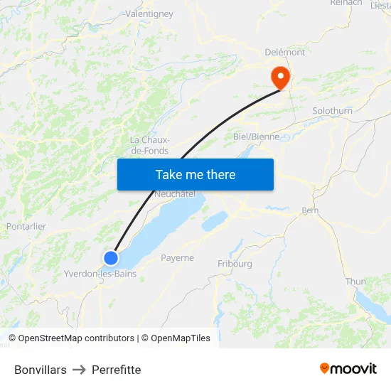 Bonvillars to Perrefitte map