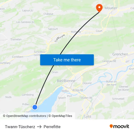 Twann-Tüscherz to Perrefitte map