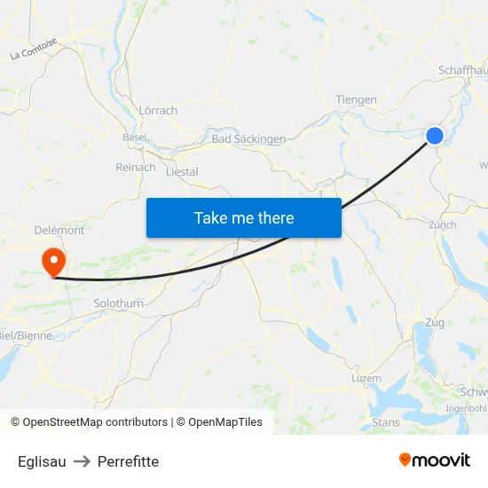 Eglisau to Perrefitte map
