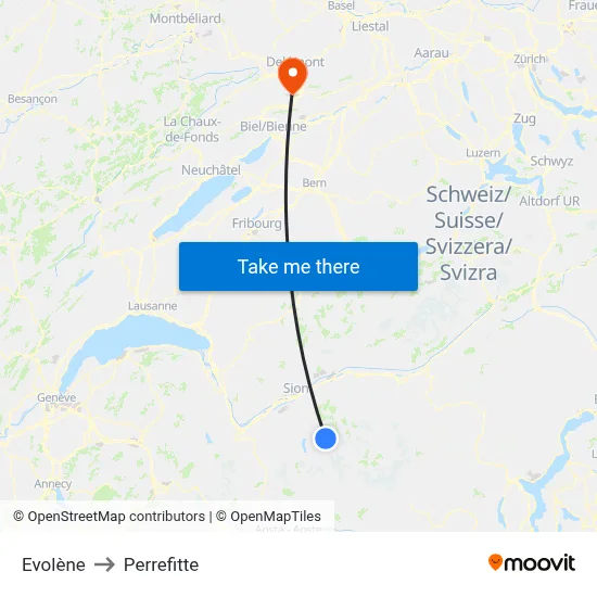 Evolène to Perrefitte map