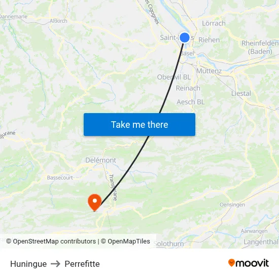 Huningue to Perrefitte map