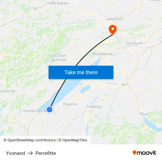 Yvonand to Perrefitte map