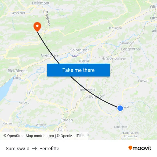 Sumiswald to Perrefitte map