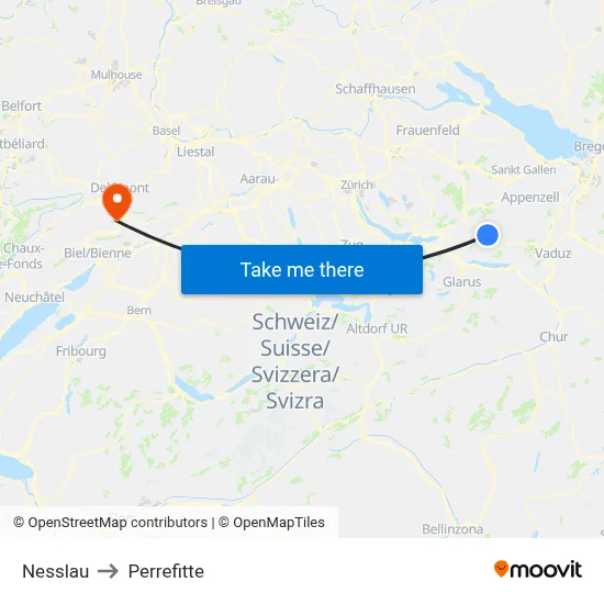 Nesslau to Perrefitte map