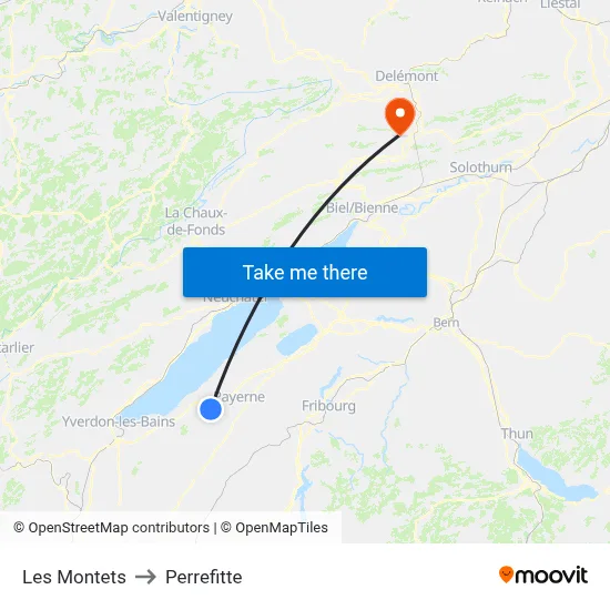 Les Montets to Perrefitte map